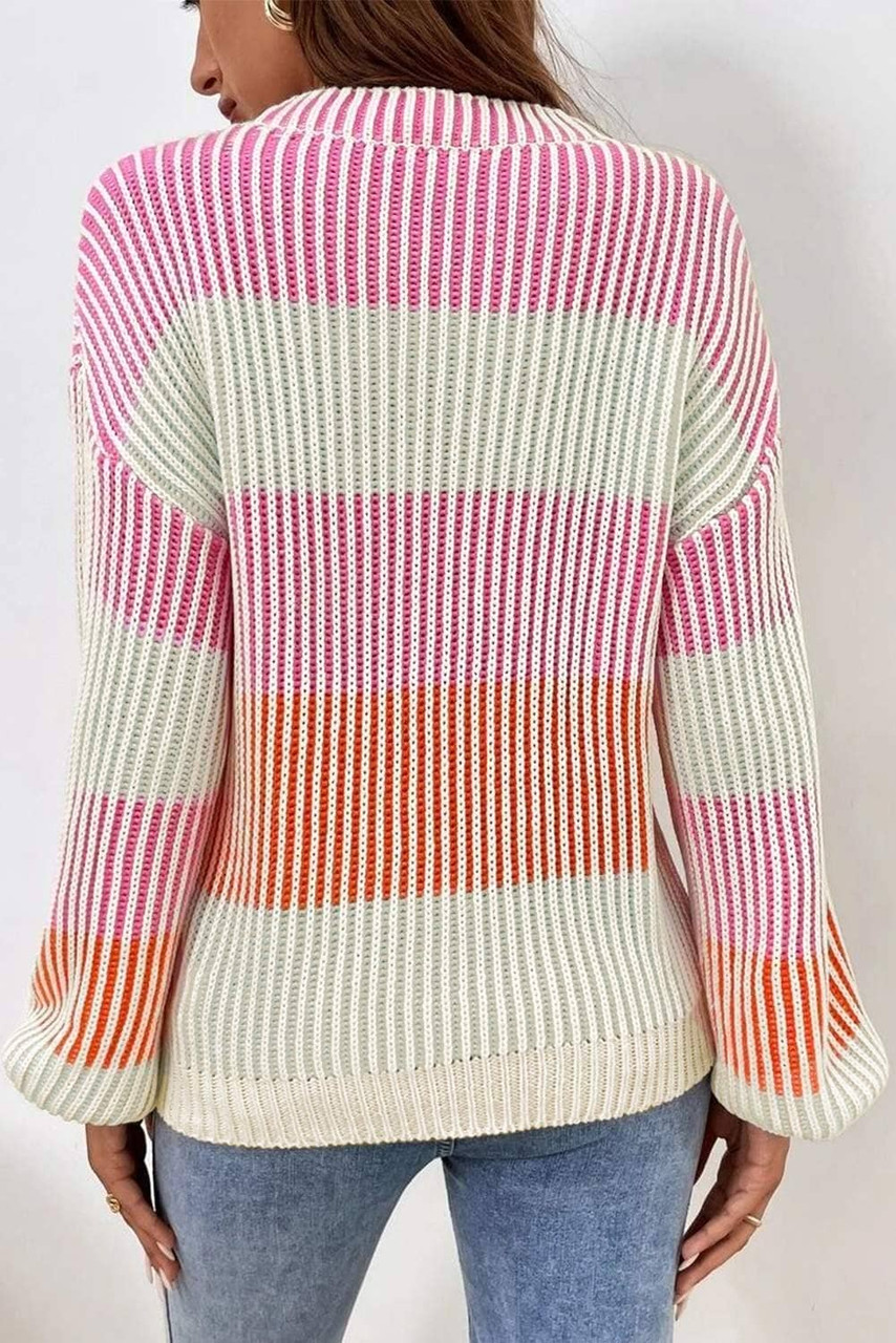 Pink Colorblock Textured Knit Bubble Sleeve Sweater