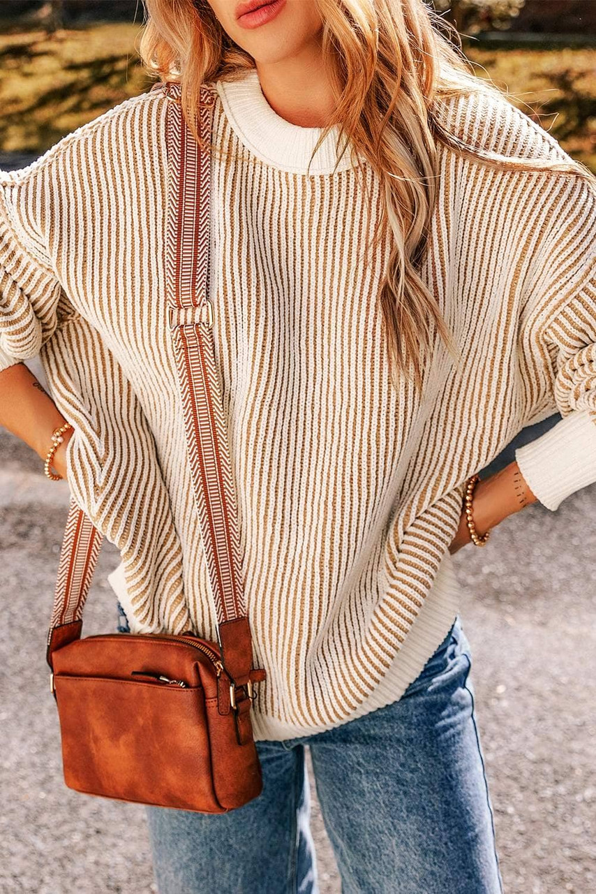 Chestnut Striped Textured Knit Contrast Edge Loose Sweater Chestnut Striped Textured Knit Contrast Edge Loose Sweater