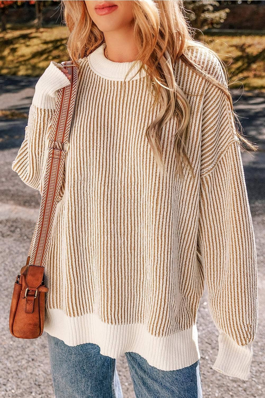 Chestnut Striped Textured Knit Contrast Edge Loose Sweater Chestnut Striped Textured Knit Contrast Edge Loose Sweater