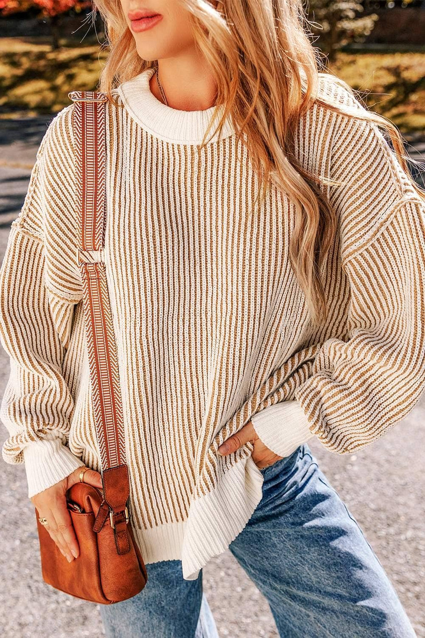 Chestnut Striped Textured Knit Contrast Edge Loose Sweater Chestnut Striped Textured Knit Contrast Edge Loose Sweater