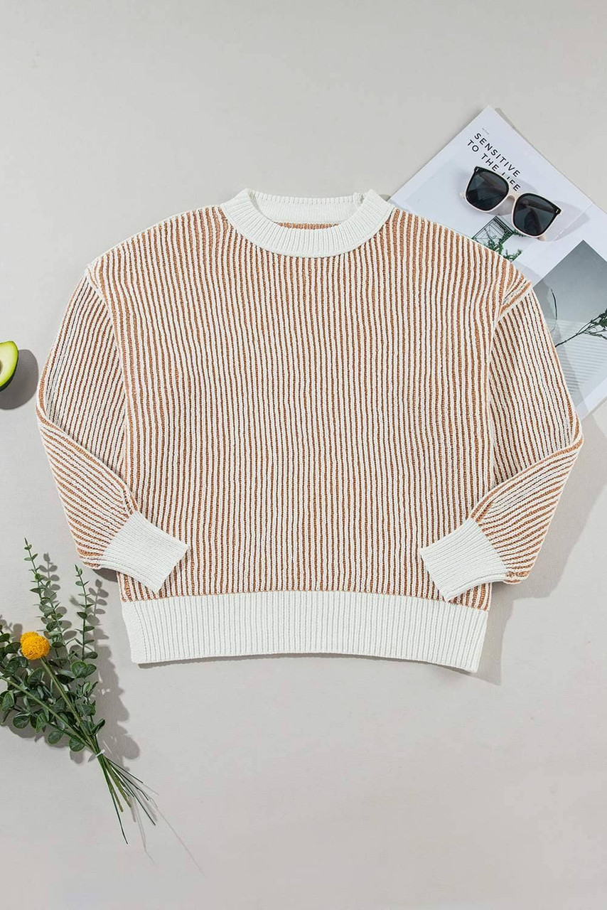 Chestnut Striped Textured Knit Contrast Edge Loose Sweater Chestnut Striped Textured Knit Contrast Edge Loose Sweater