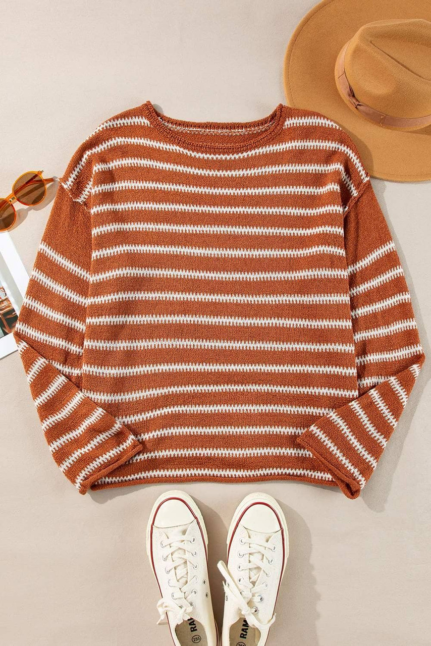 Brown Stripe Drop Shoulder Casual Sweater