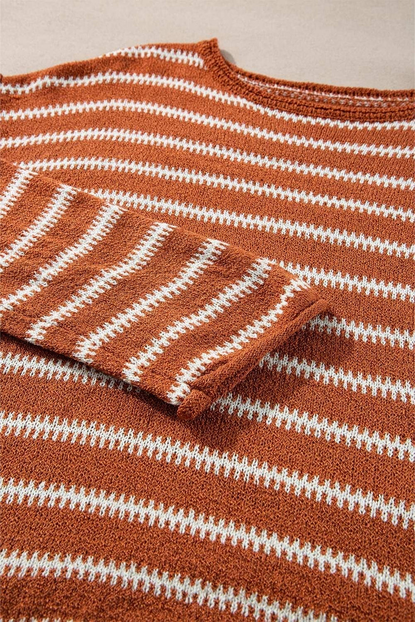 Brown Stripe Drop Shoulder Casual Sweater
