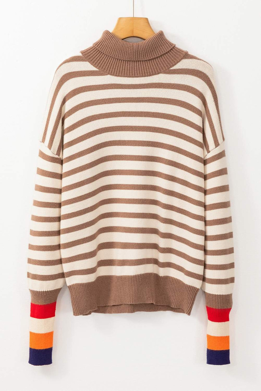 Brown Stripe Colorblock Bishop Sleeve Turtleneck Sweater