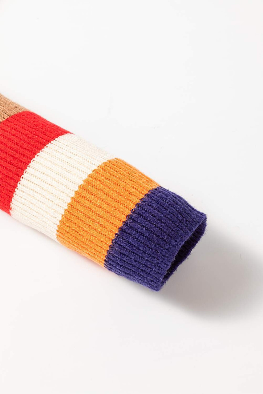 Brown Stripe Colorblock Bishop Sleeve Turtleneck Sweater