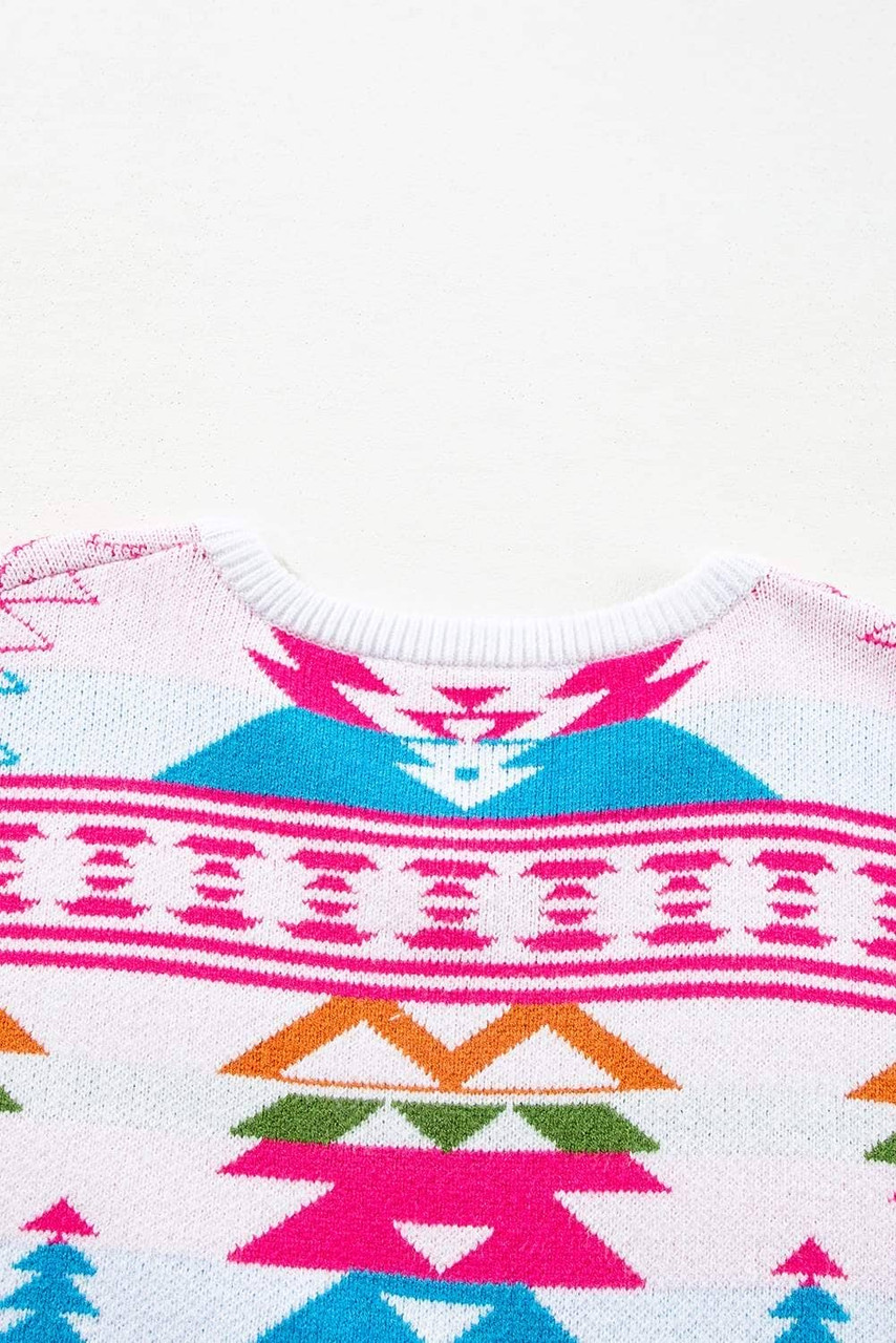 White Oversize Aztec Print High Low V Neck Sweater