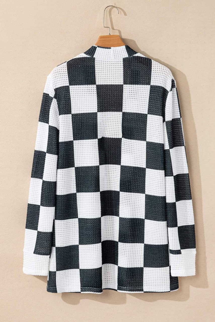 Black Checkered Waffle Knit Thumbhole Open Front Cardigan Black Checkered Waffle Knit Thumbhole Open Front Cardigan
