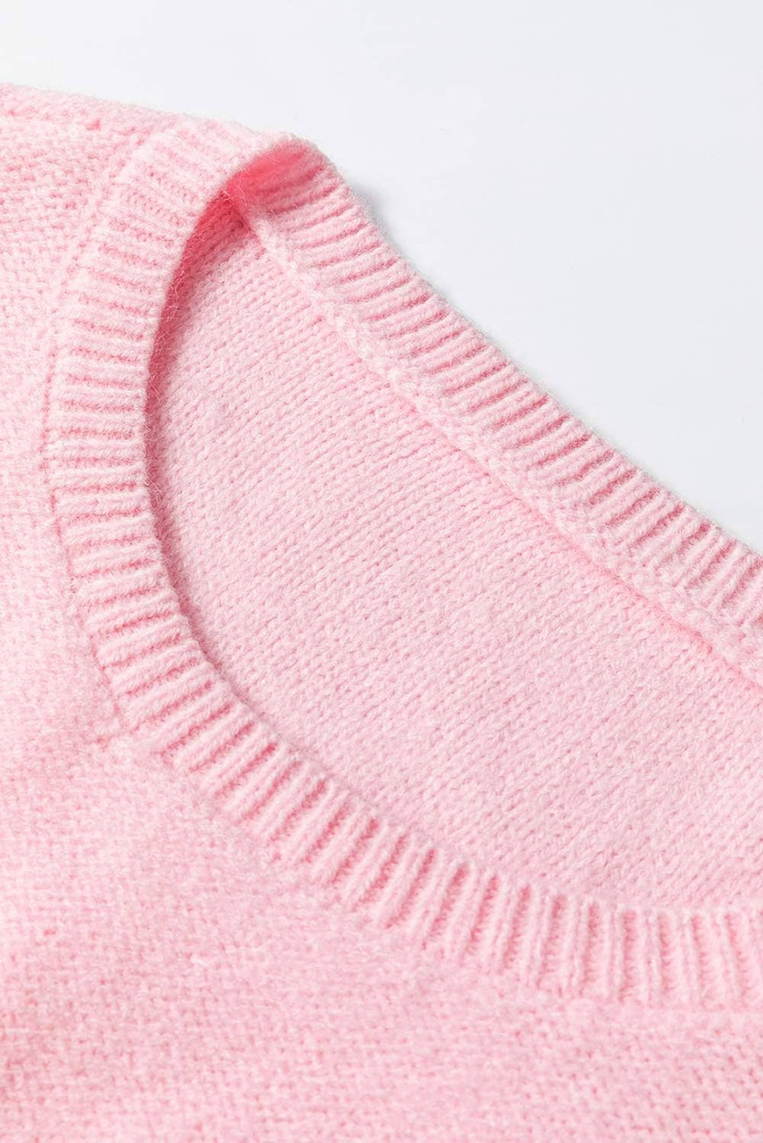 Pink Knitted Flower Pattern Ribbed Edge Sweater Pink Knitted Flower Pattern Ribbed Edge Sweater