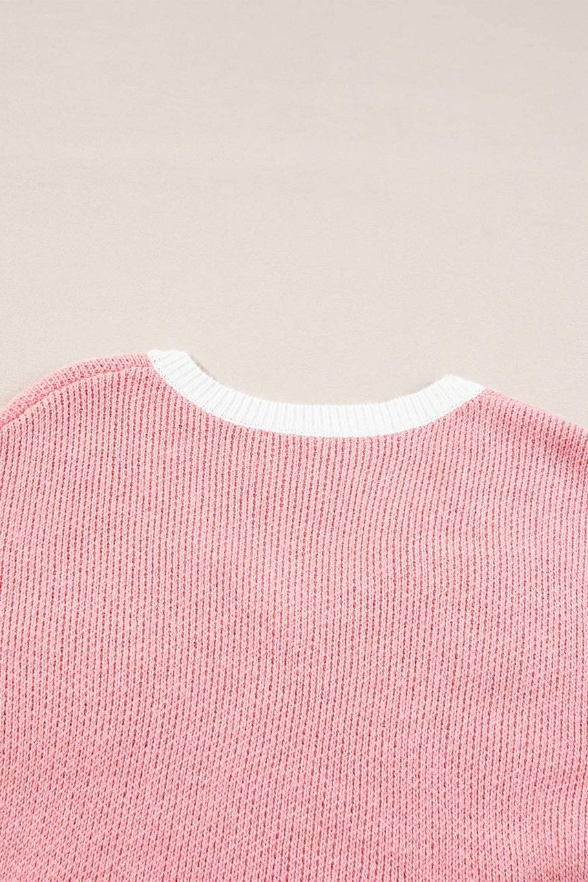 Pink Flower V Neck Dropped Shoulder Sweater