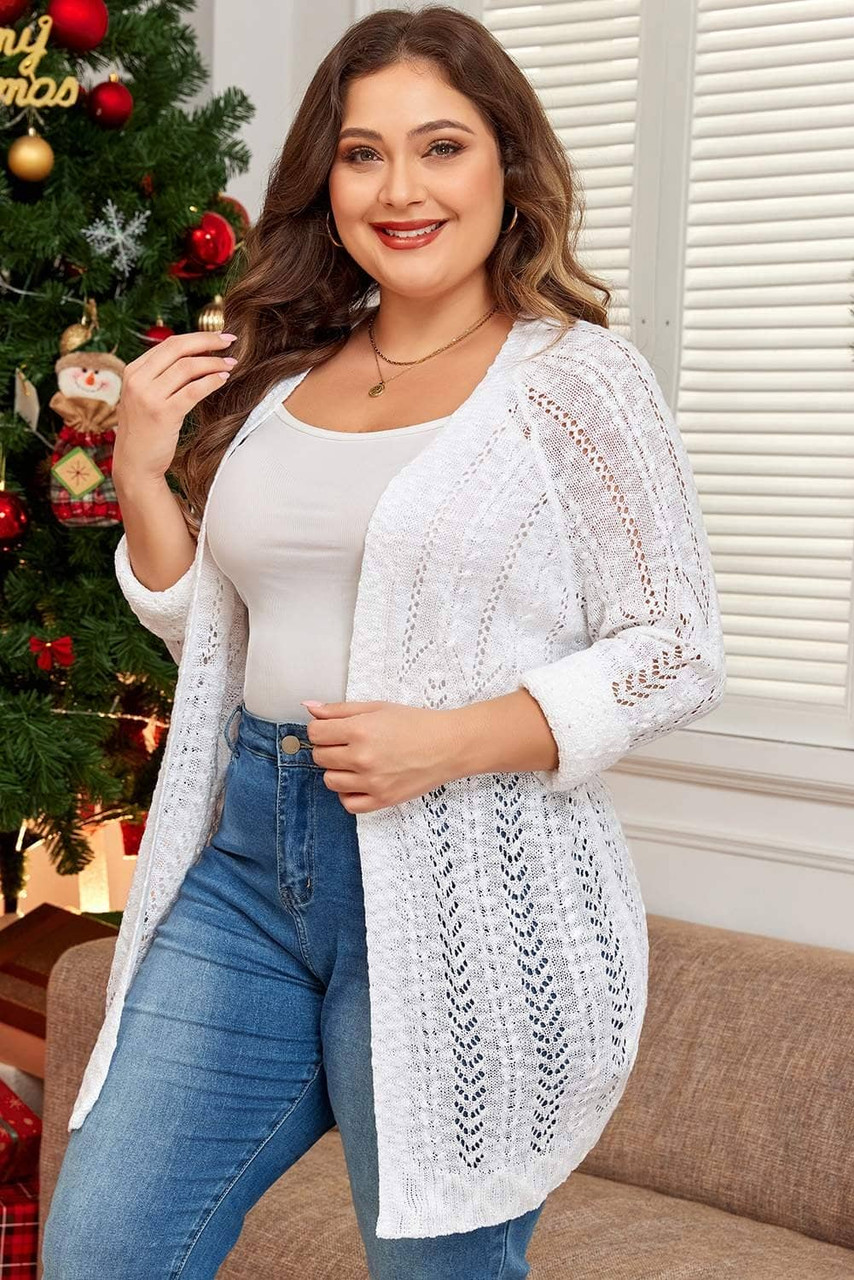 White Plus Size Eyelet Knit Open Front Cardigan White Plus Size Eyelet Knit Open Front Cardigan