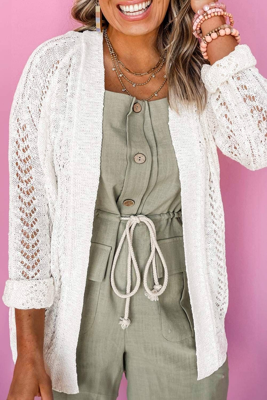 White Plus Size Eyelet Knit Open Front Cardigan White Plus Size Eyelet Knit Open Front Cardigan
