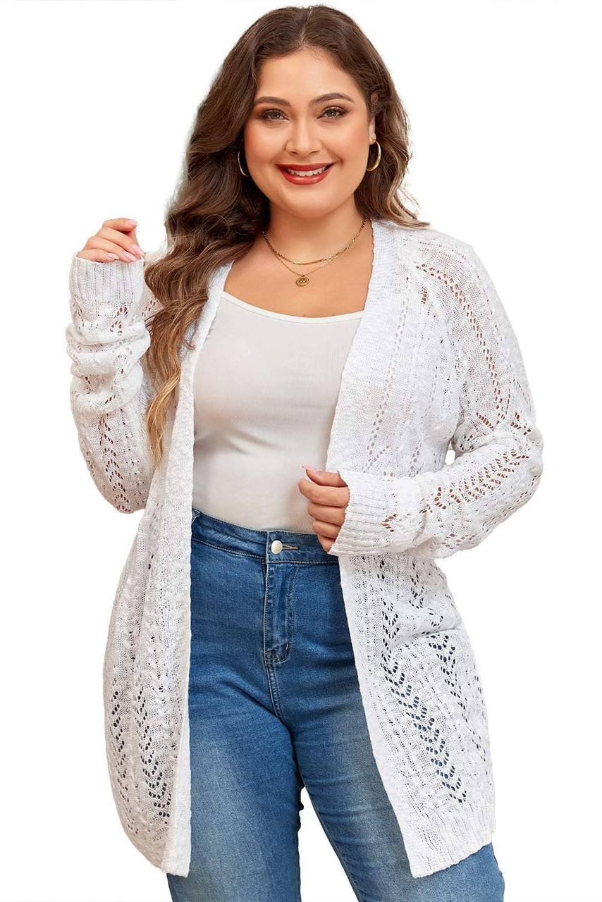 White Plus Size Eyelet Knit Open Front Cardigan White Plus Size Eyelet Knit Open Front Cardigan