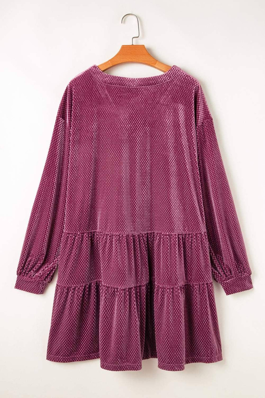 Meadow Mauve Plus Size Textured Velvet Tiered Button V Neck Dress