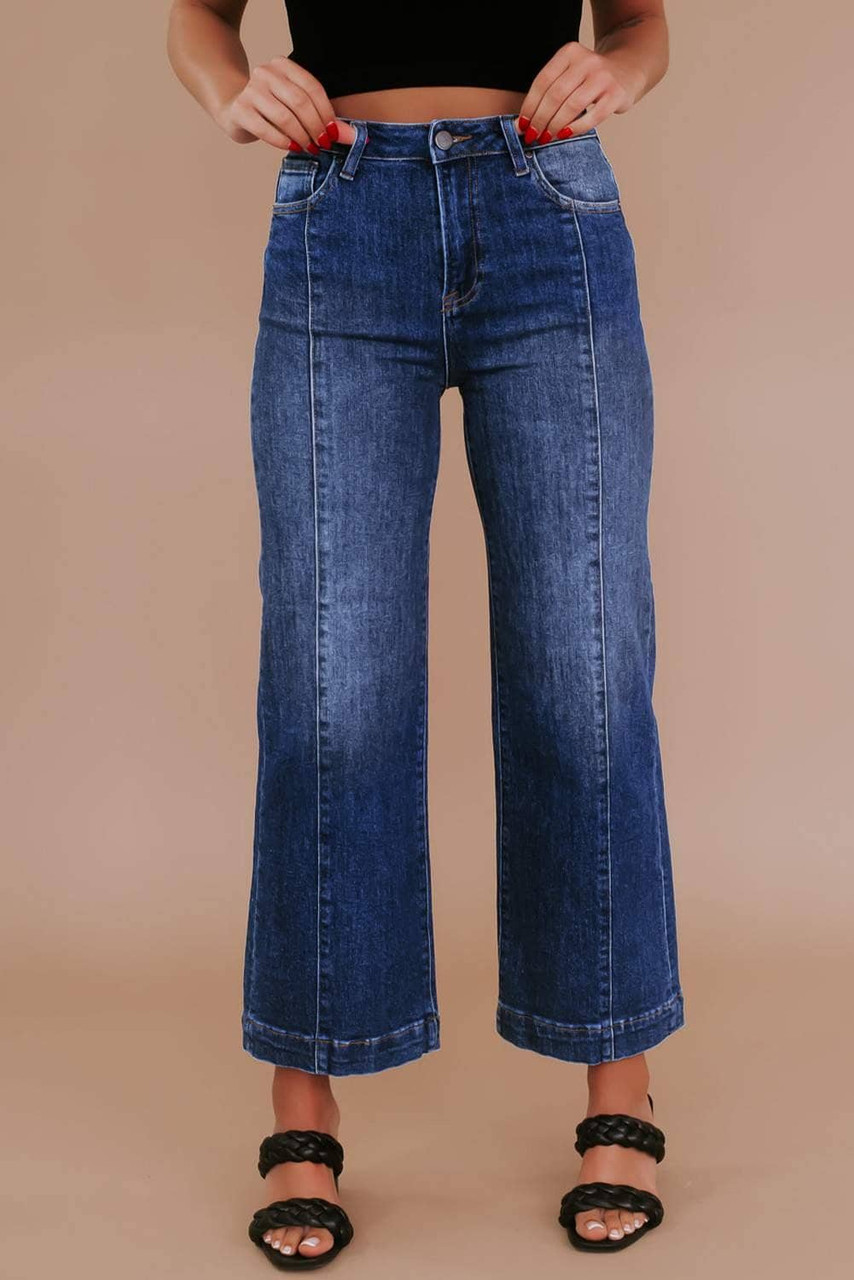 Navy Blue Plus Size Seamed Wide Leg High Waist Jeans