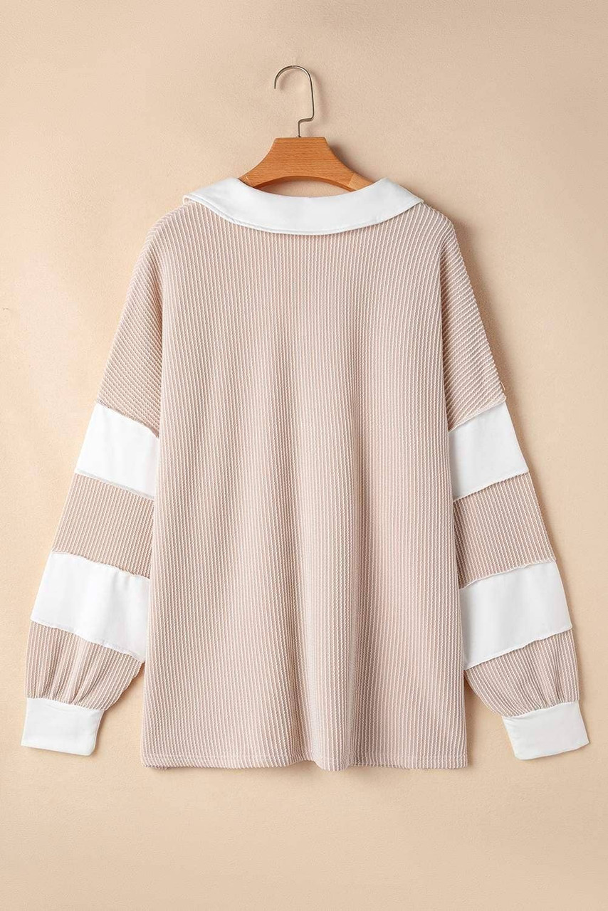 Parchment Corded Colorblock Long Sleeve Slit V Neck Plus Top