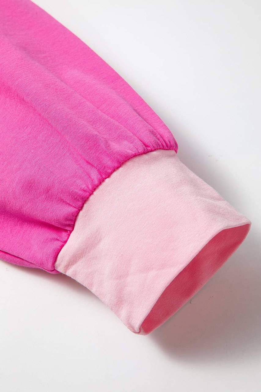 Pink Colorblock Patchwork Long Sleeve Plus Size Top