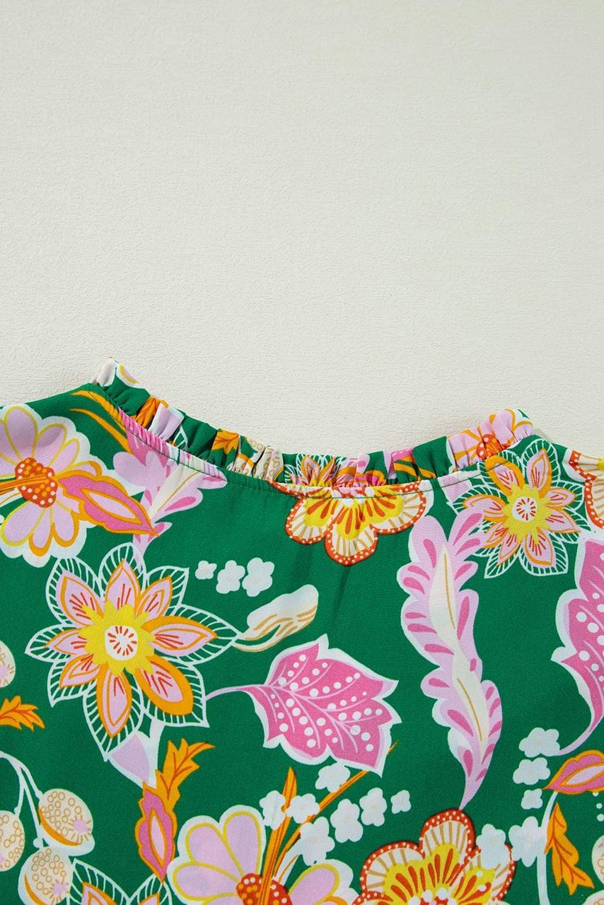 Green Floral Tied V Neck Long Sleeve Plus Size Babydoll Top Green Floral Tied V Neck Long Sleeve Plus Size Babydoll Top