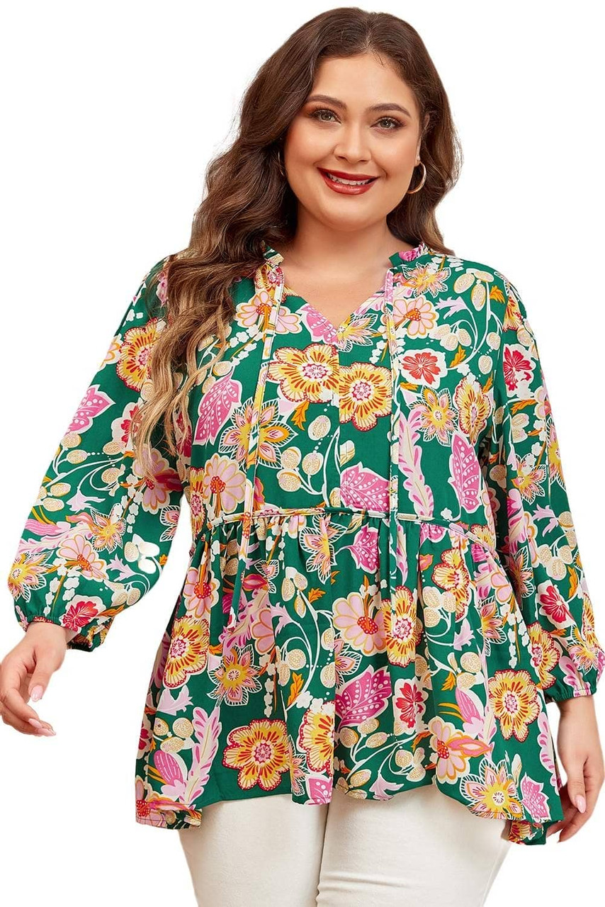 Green Floral Tied V Neck Long Sleeve Plus Size Babydoll Top Green Floral Tied V Neck Long Sleeve Plus Size Babydoll Top