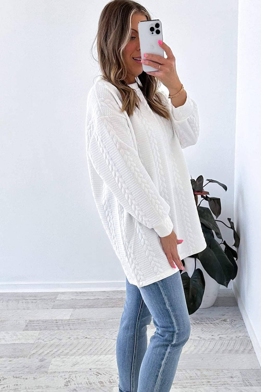 White Cable Textured Loose Plus Size Sweatshirt White Cable Textured Loose Plus Size Sweatshirt