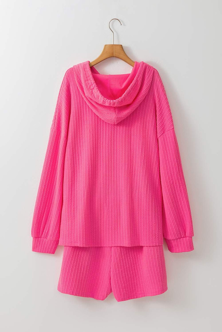 Rose Red Textured Hoodie and Shorts Plus Size Two Piece Set