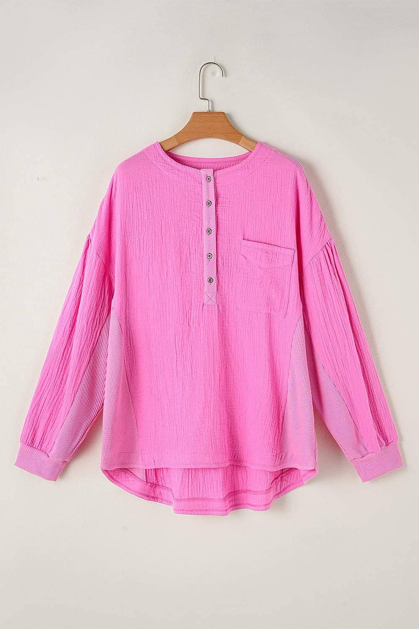 Bonbon Half Buttons Chest Pocket Drop Sleeve Plus Size Top