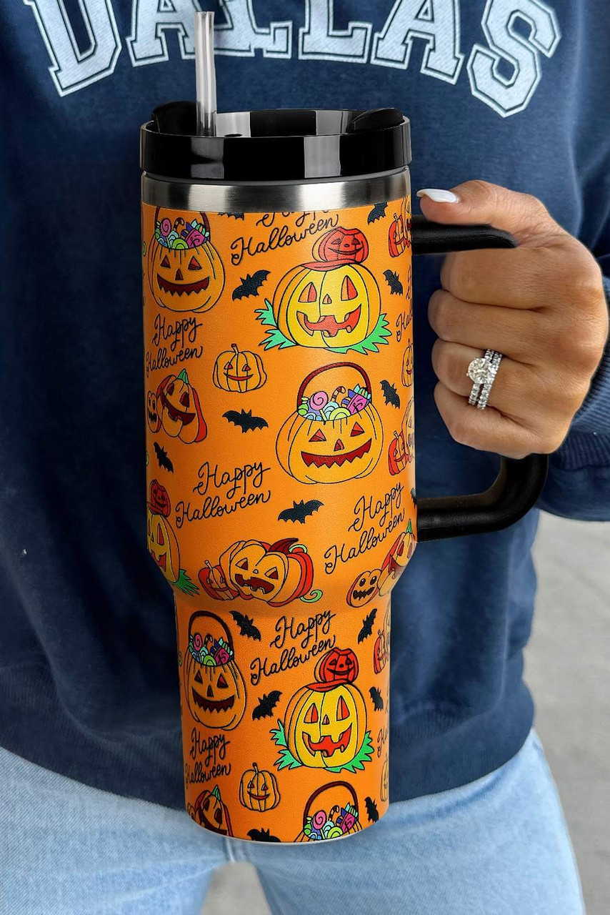 Orange Halloween Pumpkin Print Handle Large Tumbler 40oz Orange Halloween Pumpkin Print Handle Large Tumbler 40oz