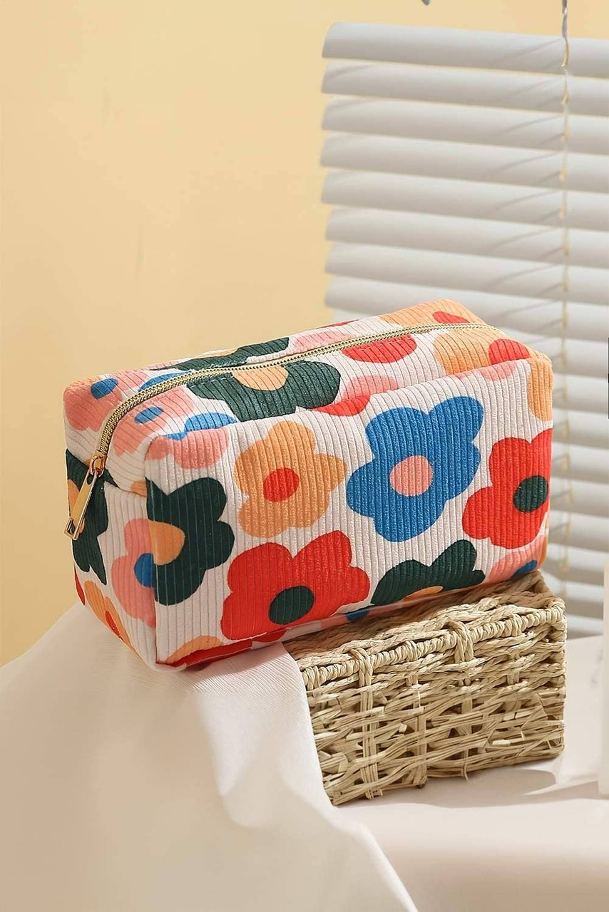 White Flower Print Zipper Square Corduroy Cosmetic Bag White Flower Print Zipper Square Corduroy Cosmetic Bag