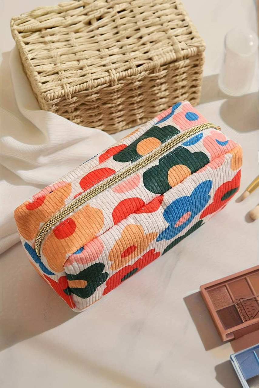 White Flower Print Zipper Square Corduroy Cosmetic Bag White Flower Print Zipper Square Corduroy Cosmetic Bag