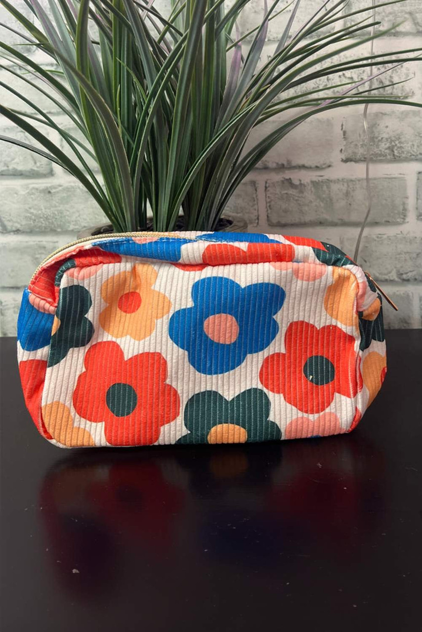White Flower Print Zipper Square Corduroy Cosmetic Bag White Flower Print Zipper Square Corduroy Cosmetic Bag