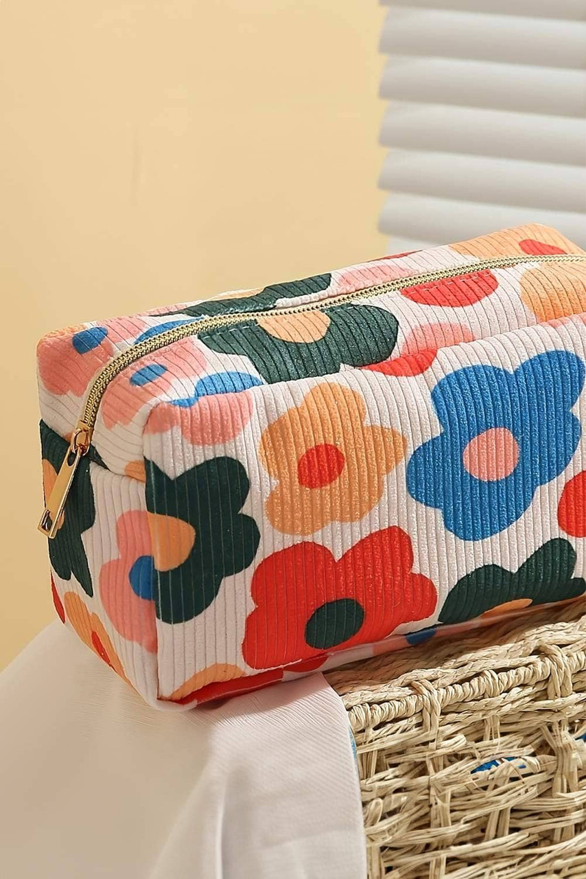White Flower Print Zipper Square Corduroy Cosmetic Bag White Flower Print Zipper Square Corduroy Cosmetic Bag