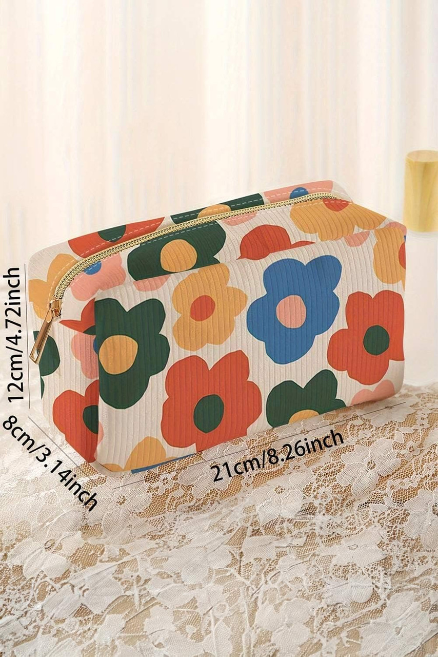 White Flower Print Zipper Square Corduroy Cosmetic Bag White Flower Print Zipper Square Corduroy Cosmetic Bag