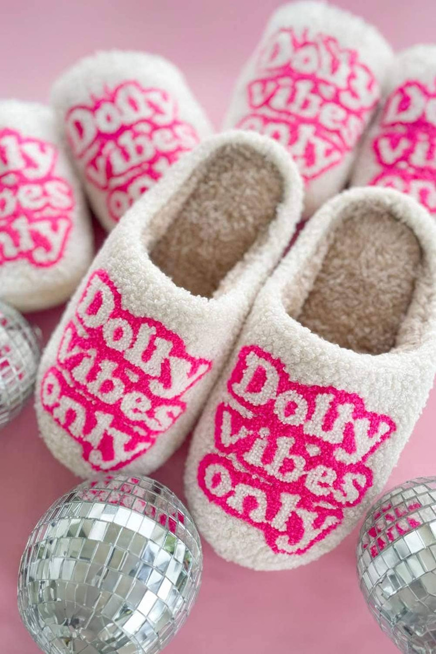 White Dolly Vibes Only Slip On Plush Slippers White Dolly Vibes Only Slip On Plush Slippers