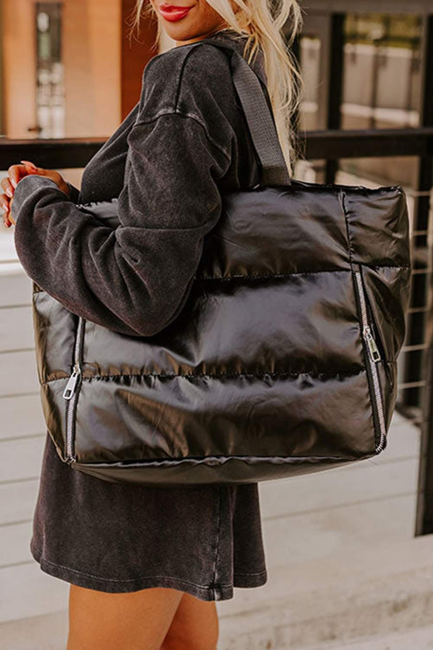Black Solid Zipper Puffer Large Tote Bag Black Solid Zipper Puffer Large Tote Bag