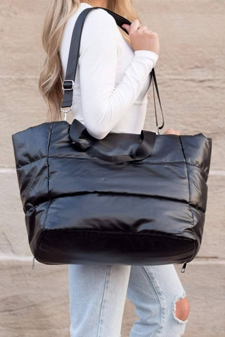 Black Solid Zipper Puffer Large Tote Bag Black Solid Zipper Puffer Large Tote Bag