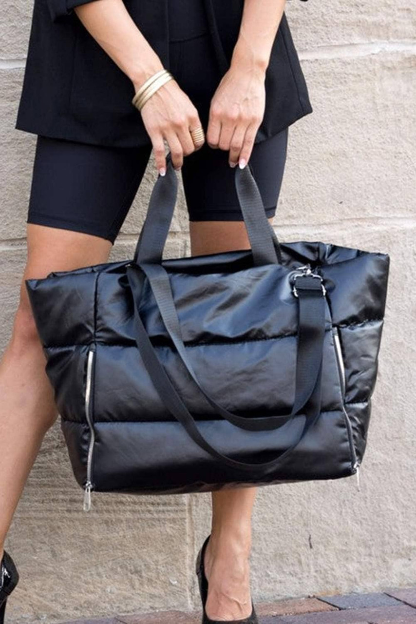 Black Solid Zipper Puffer Large Tote Bag Black Solid Zipper Puffer Large Tote Bag