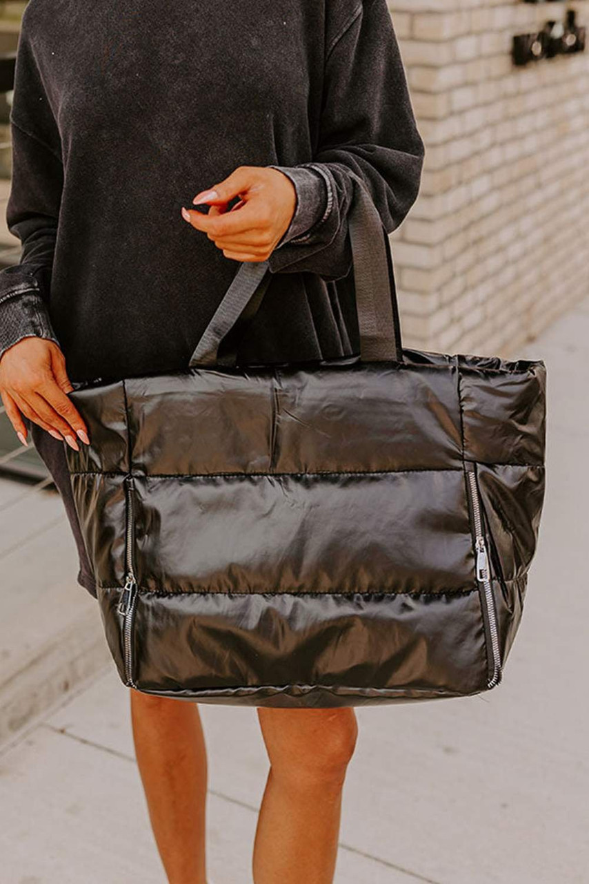 Black Solid Zipper Puffer Large Tote Bag Black Solid Zipper Puffer Large Tote Bag