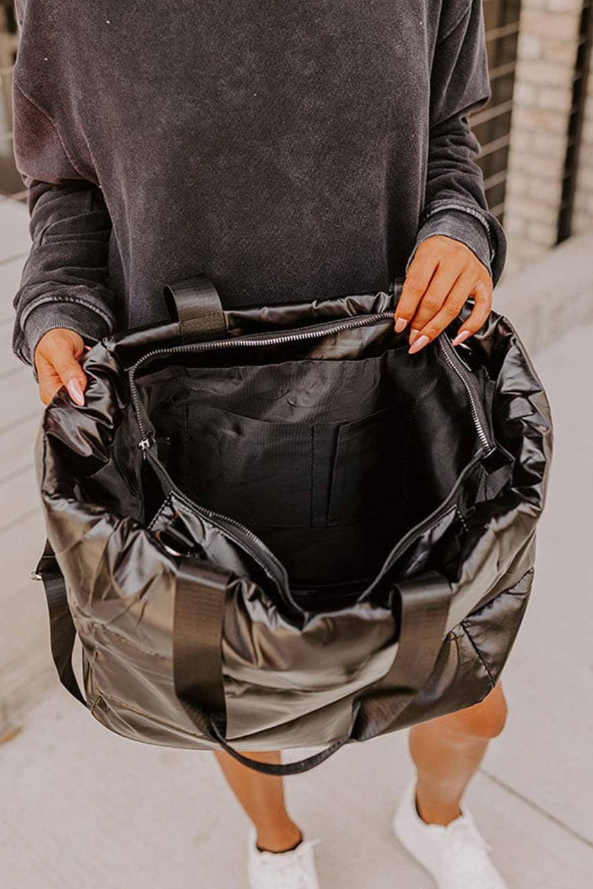 Black Solid Zipper Puffer Large Tote Bag Black Solid Zipper Puffer Large Tote Bag