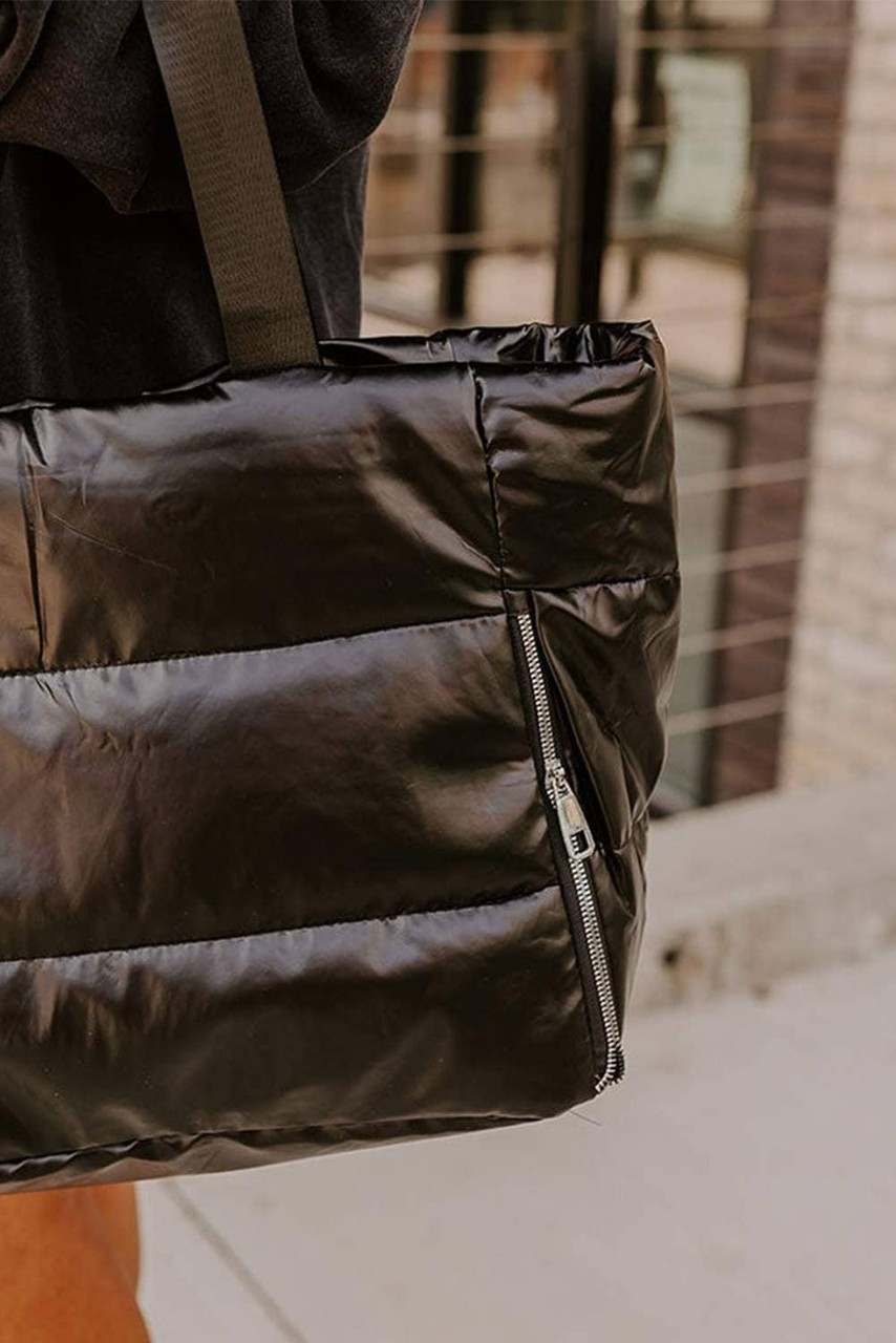 Black Solid Zipper Puffer Large Tote Bag Black Solid Zipper Puffer Large Tote Bag