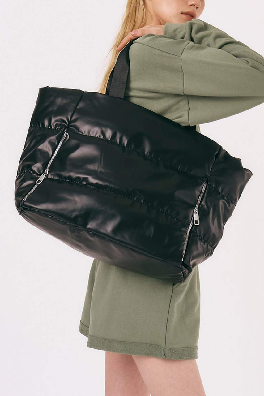 Black Solid Zipper Puffer Large Tote Bag Black Solid Zipper Puffer Large Tote Bag