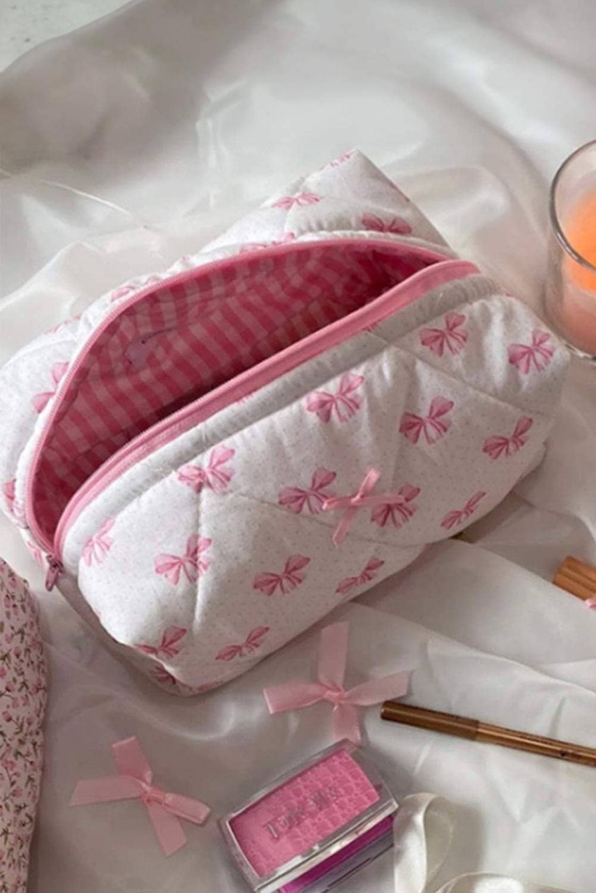 Pink Bow Knot Quilted Zipper Makeup Bag Pink Bow Knot Quilted Zipper Makeup Bag