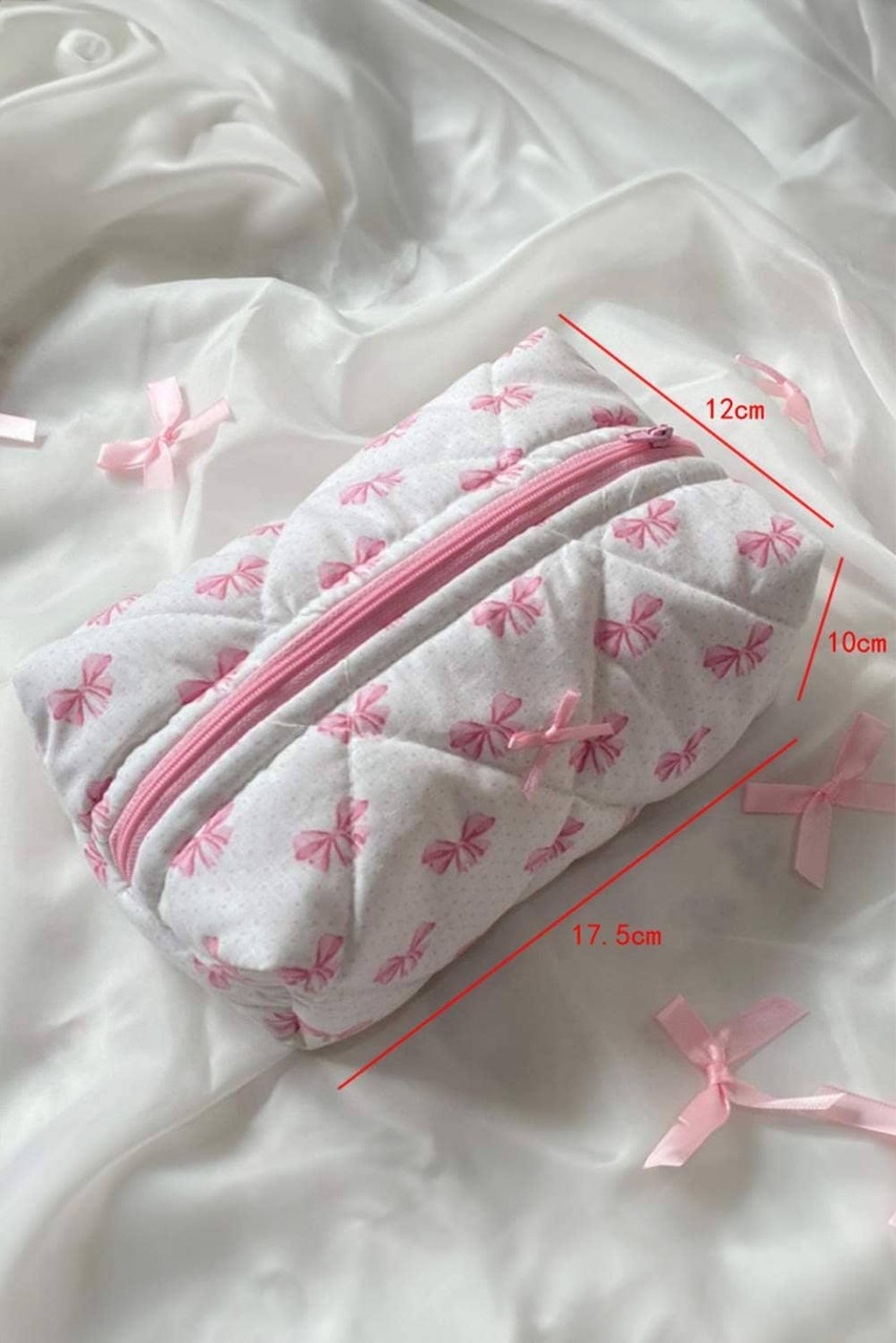Pink Bow Knot Quilted Zipper Makeup Bag Pink Bow Knot Quilted Zipper Makeup Bag