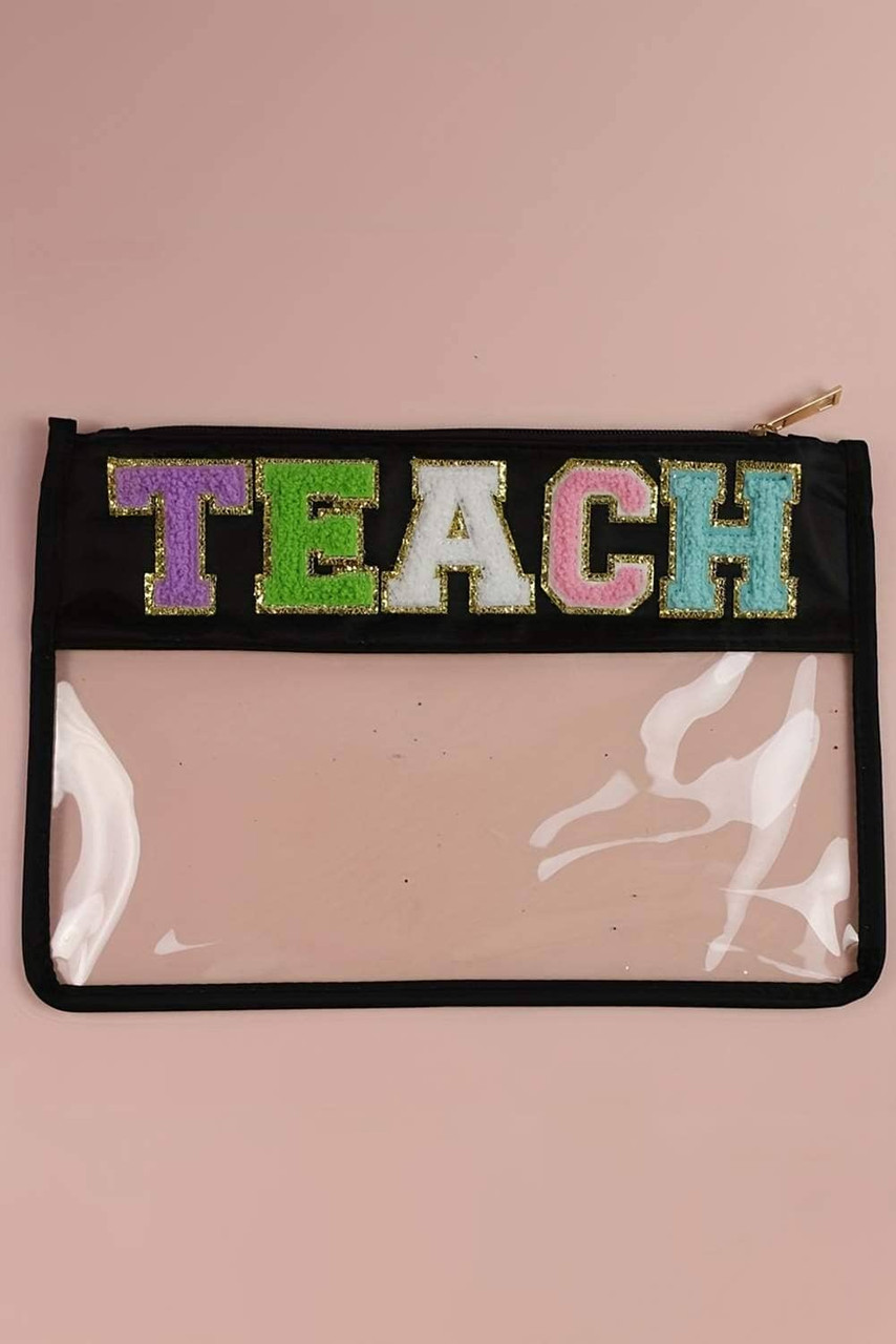 Black TEACH Glitter Chenille Clear PVC Makeup Bag Black TEACH Glitter Chenille Clear PVC Makeup Bag