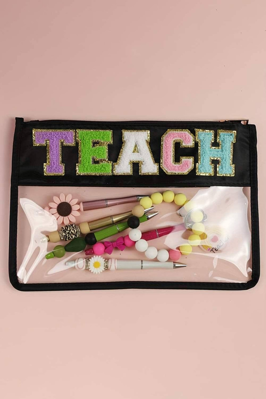 Black TEACH Glitter Chenille Clear PVC Makeup Bag Black TEACH Glitter Chenille Clear PVC Makeup Bag