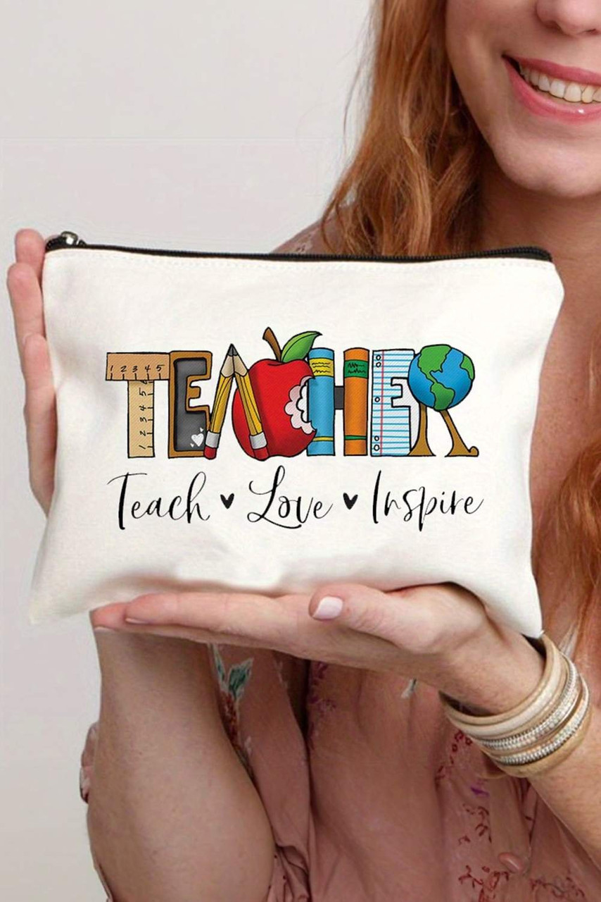 White TEACHER Graphic Print Zipper Cosmetic Bag White TEACHER Graphic Print Zipper Cosmetic Bag