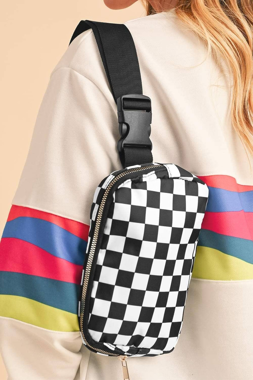 White Checkered Print Buckle Wide Belt Crossbody Bag White Checkered Print Buckle Wide Belt Crossbody Bag