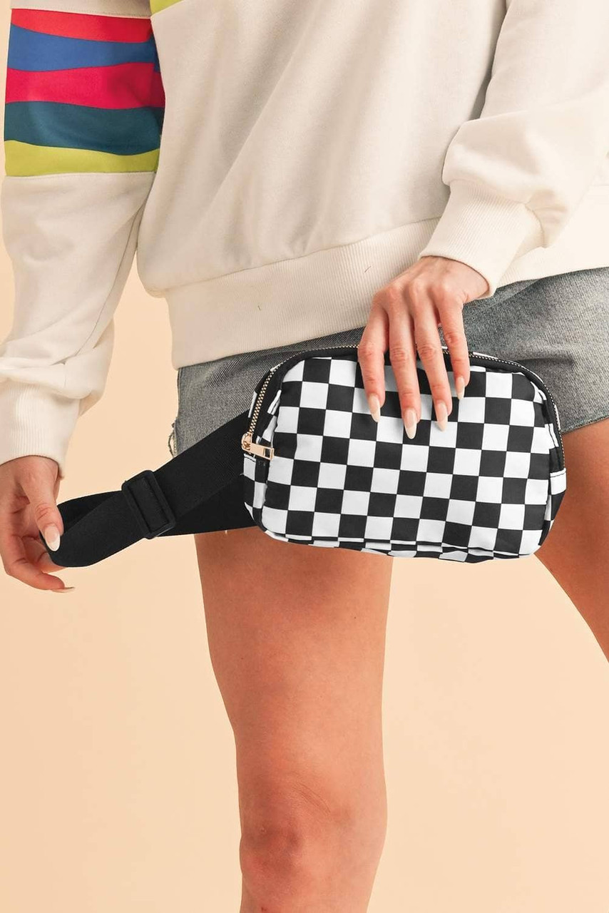 White Checkered Print Buckle Wide Belt Crossbody Bag White Checkered Print Buckle Wide Belt Crossbody Bag
