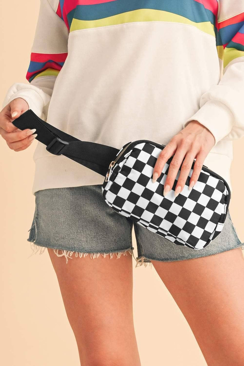 White Checkered Print Buckle Wide Belt Crossbody Bag White Checkered Print Buckle Wide Belt Crossbody Bag