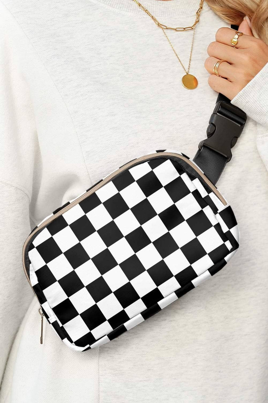 White Checkered Print Buckle Wide Belt Crossbody Bag White Checkered Print Buckle Wide Belt Crossbody Bag