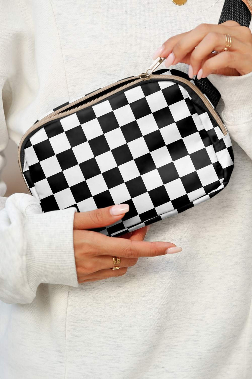 White Checkered Print Buckle Wide Belt Crossbody Bag White Checkered Print Buckle Wide Belt Crossbody Bag