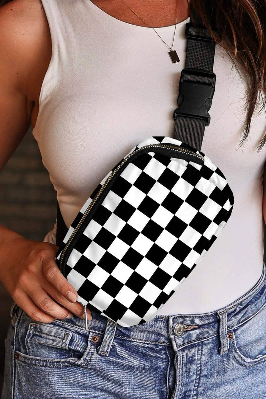 White Checkered Print Buckle Wide Belt Crossbody Bag White Checkered Print Buckle Wide Belt Crossbody Bag
